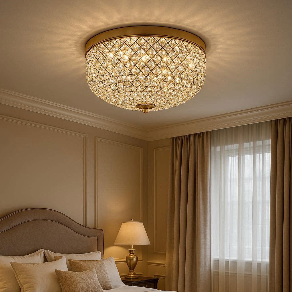 Round crystal flush ceiling light with gold frame in elegant bedroom