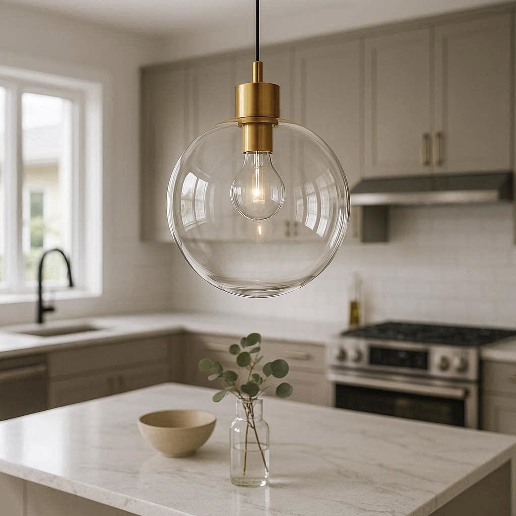 Clear glass globe pendant light over modern kitchen island