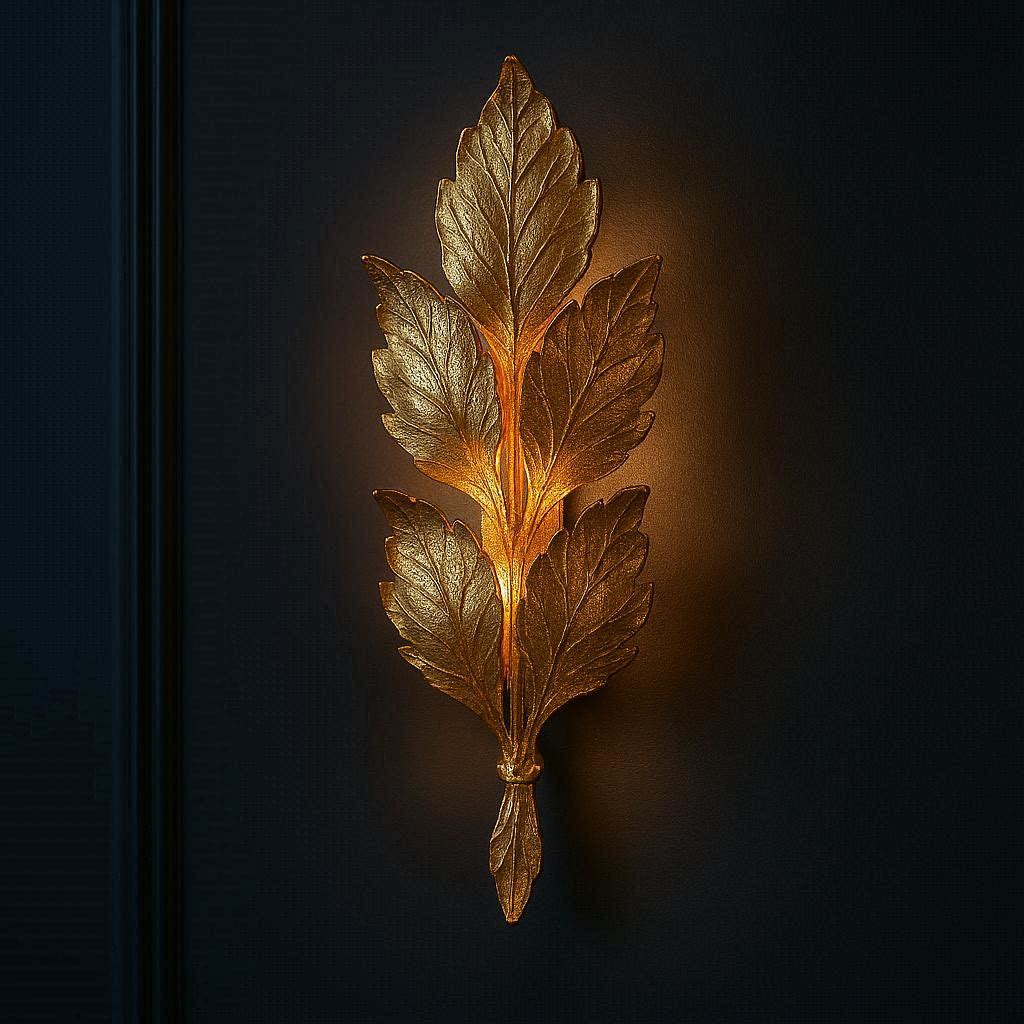 Elegant gold leaf wall sconce on dark navy wall