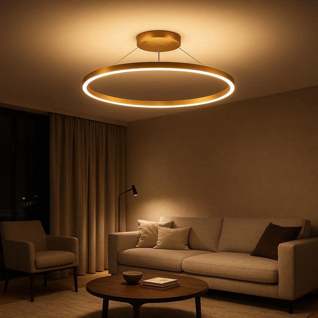Gold ring halo ceiling light fixture in modern living room