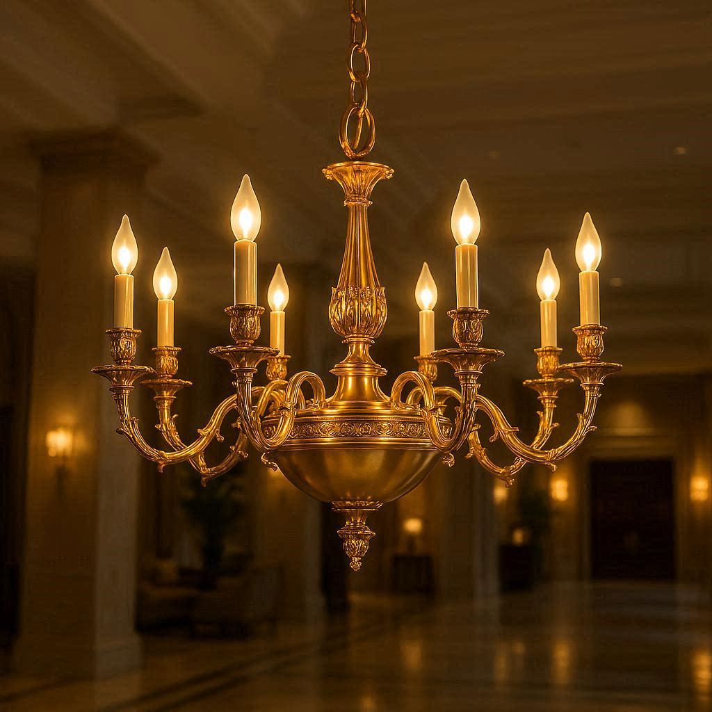 8-arm golden empire chandelier in luxury hotel lobby