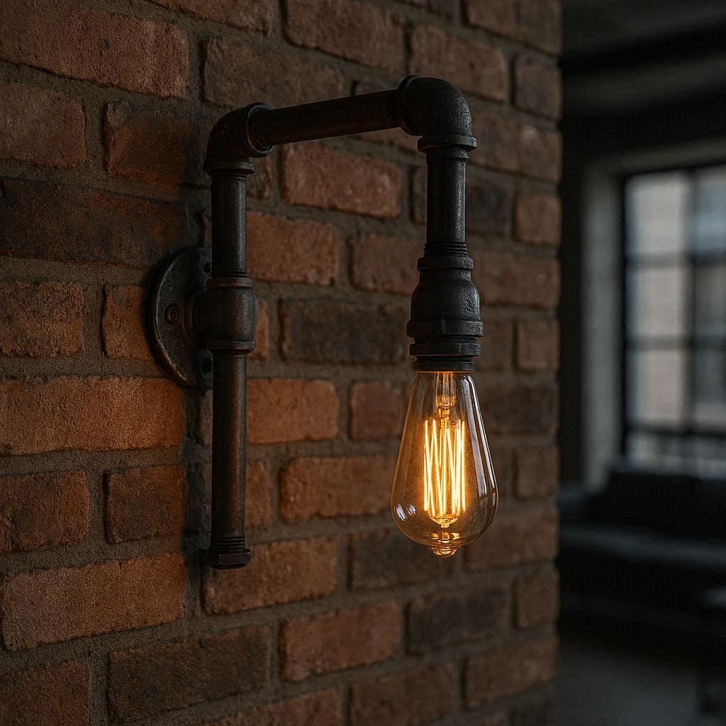 Industrial black pipe wall lamp with Edison bulb on brick wall