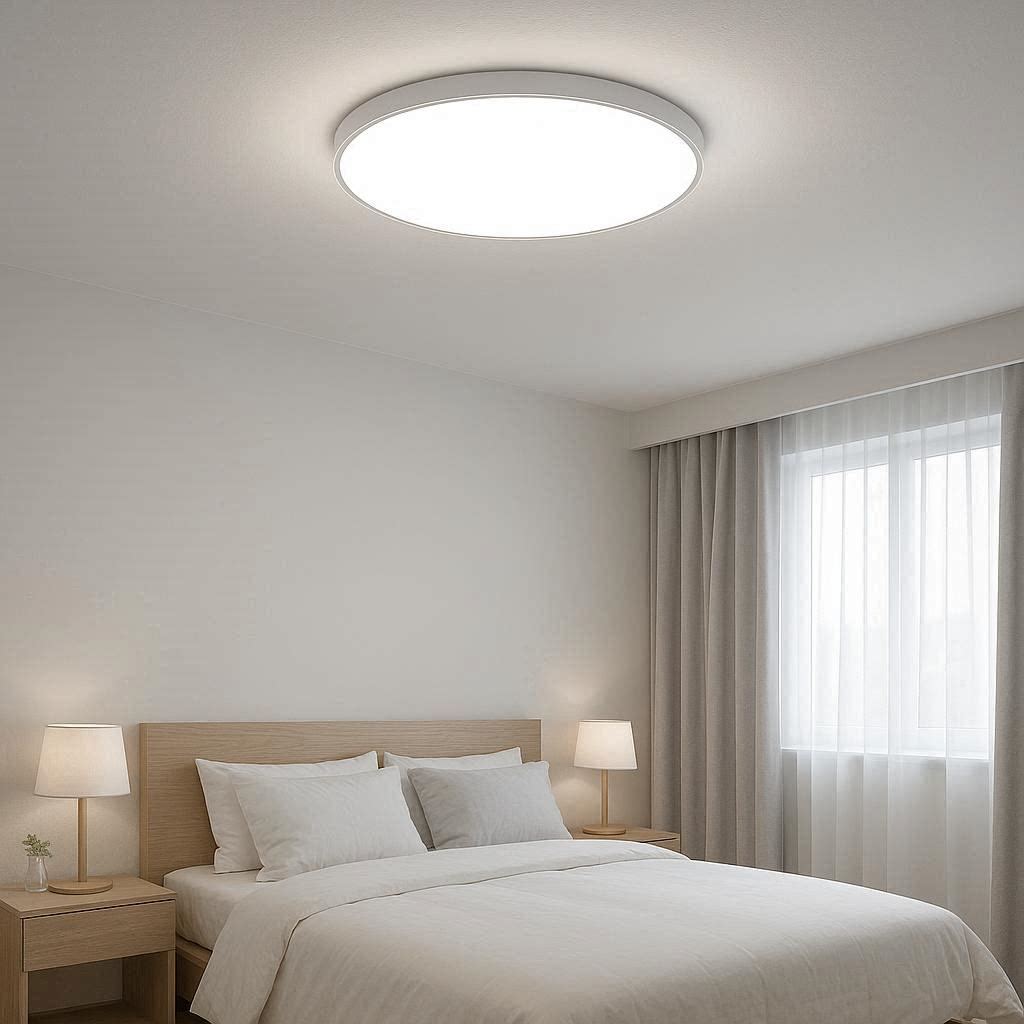 Modern round LED flush mount ceiling light in minimalist bedroom