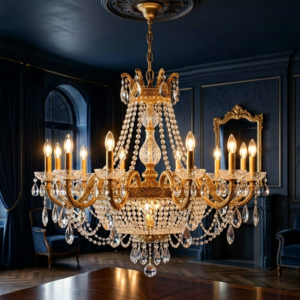 Crystal Royal Chandelier illuminated at night with warm golden glow