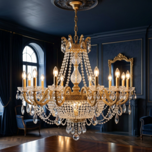Luxury crystal chandelier with gold frame in navy interior
