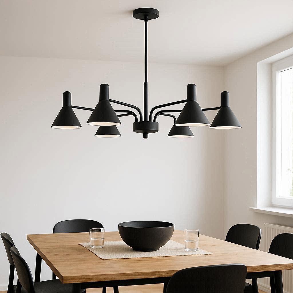 Modern matte black minimalist chandelier in white dining room