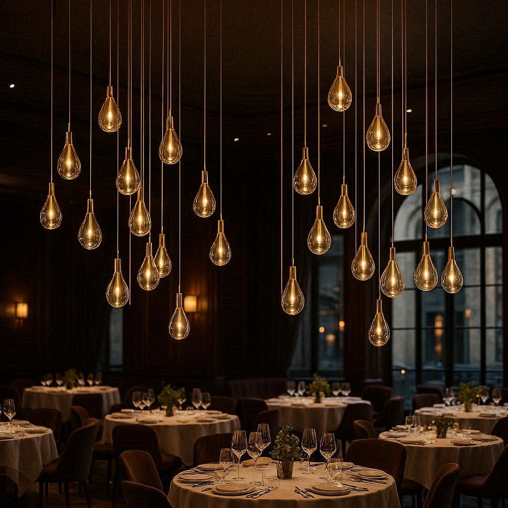 Multi-drop cluster pendant lights at different heights in luxury restaurant