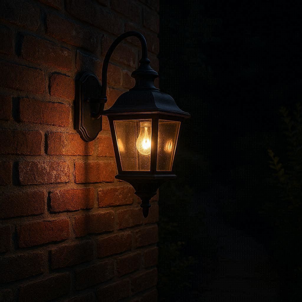 Classic black outdoor wall lantern on brick wall entrance at night