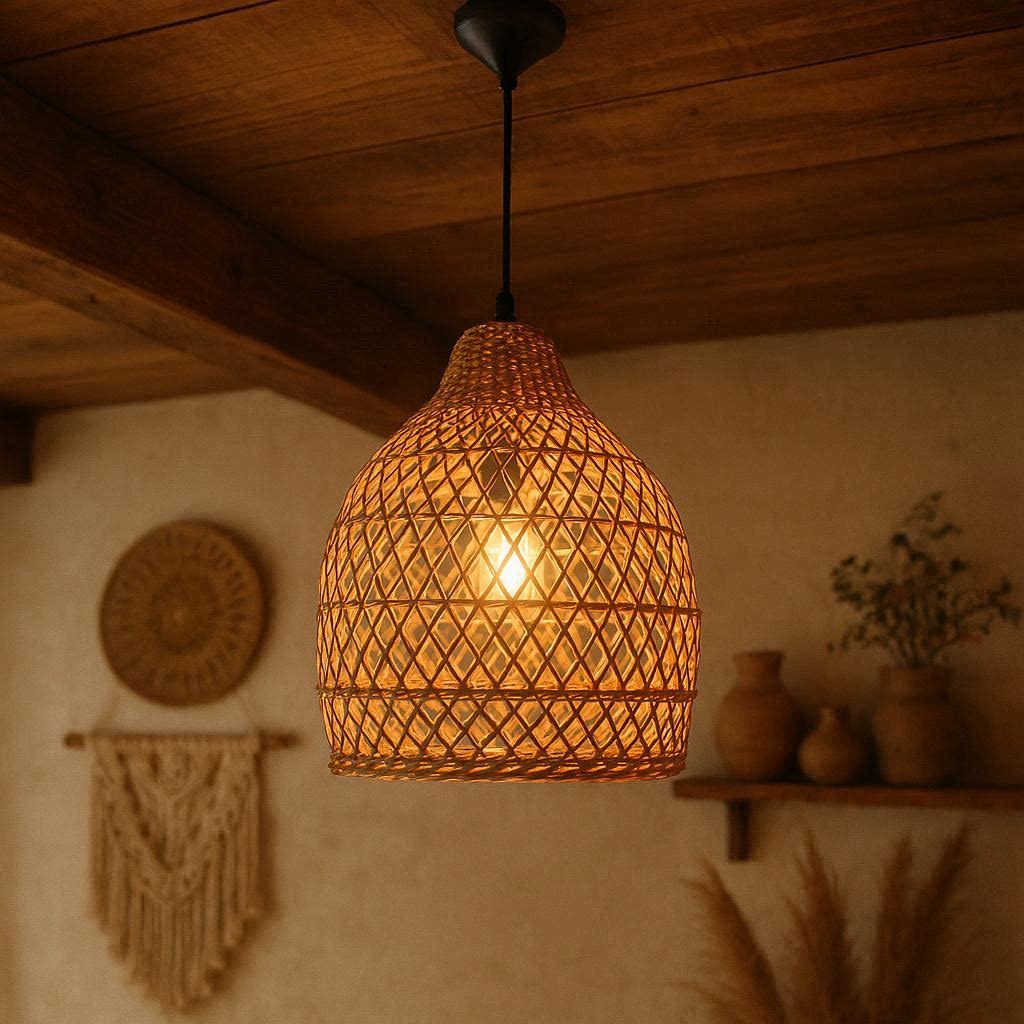 Woven rattan pendant hanging light with warm glow in boho interior
