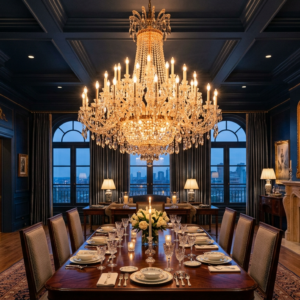Luxury crystal chandelier installed in elegant dining room with high ceiling
