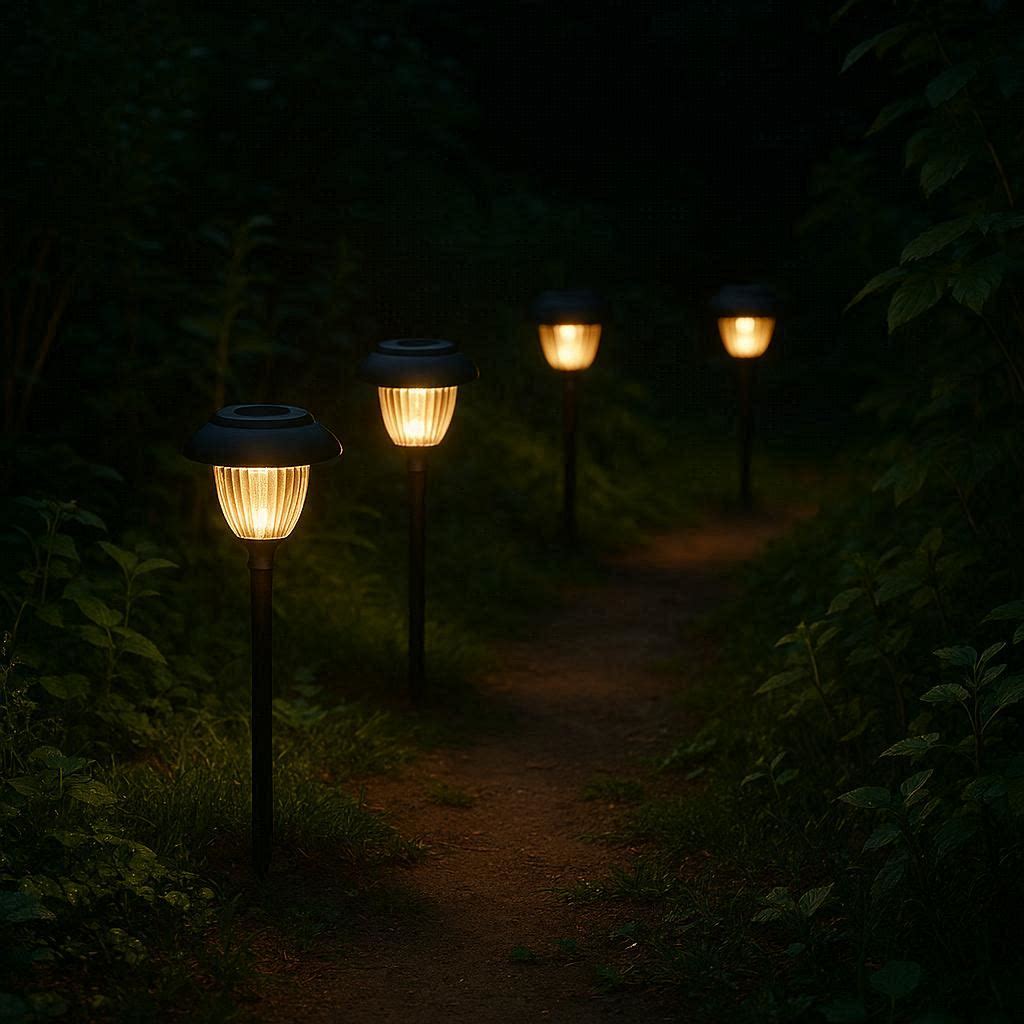 Solar powered garden pathway spike lights glowing in garden at night