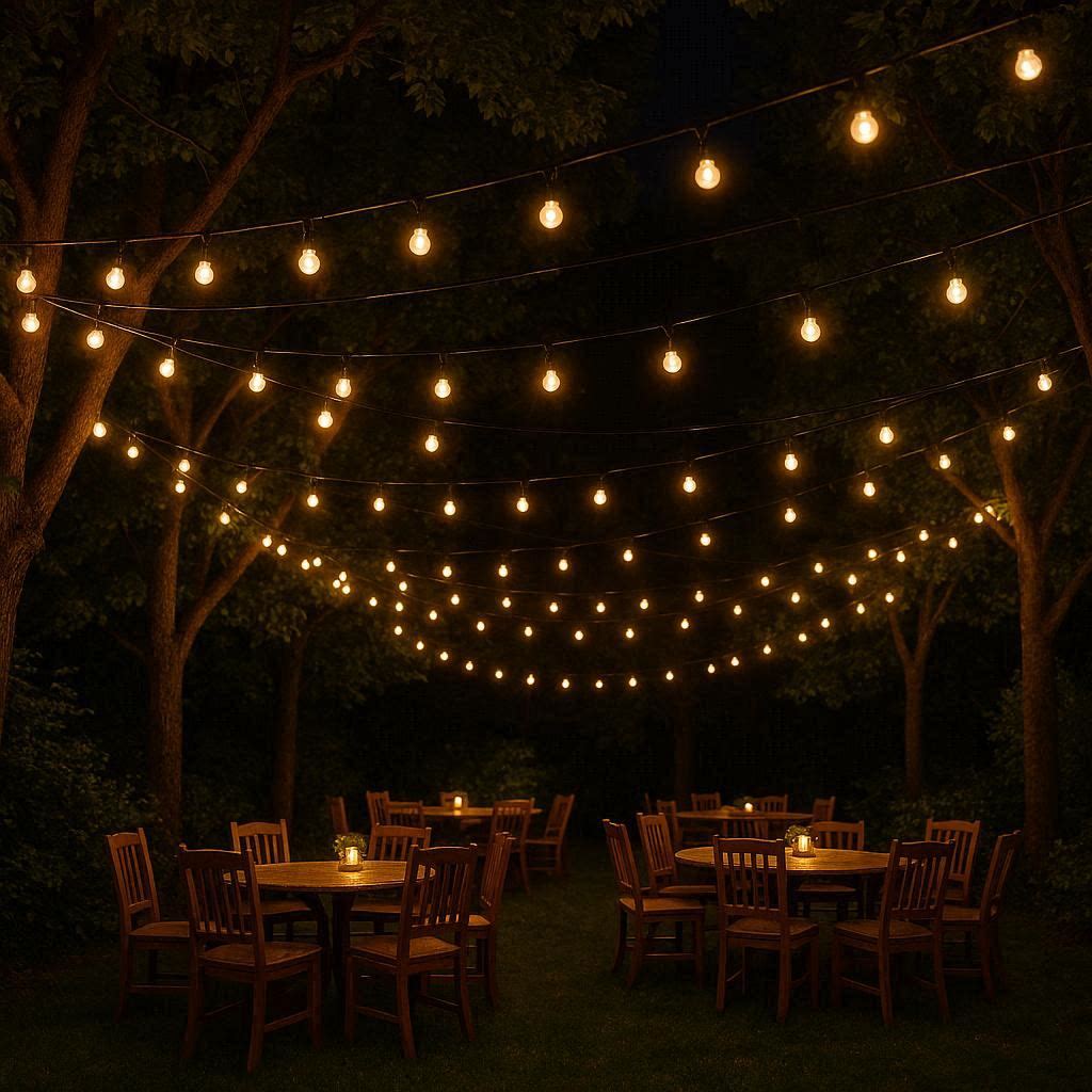 Outdoor string fairy lights on trees in garden at night